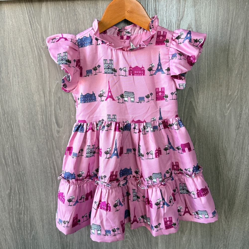 Janie and Jack Paris Print Dress Toddler 2T Pink Ruffle Parisian Travel Preppy